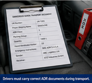 ADR-transportdokument och papper för farligt gods i lastbilens hytt