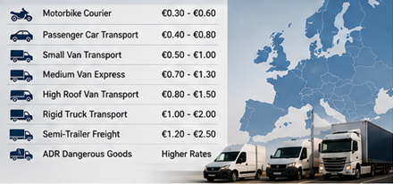Europeiska transportpriser per kilometer för skåpbilar, lastbilar och fraktlogistik