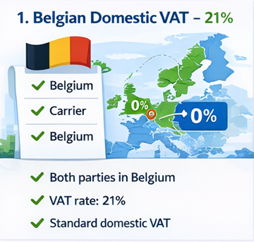 Karta över Belgien med transportrutter som visar att 21 procent inrikesmoms tillämpas på ExusTrans-fakturor