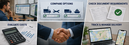 Val mellan inrikes eller internationella transporttjänster med logistikplanering, rutter, lastbilar och fraktflöden