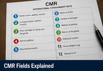 Detaljvy av CMR-formulärets fält som visar avsändare, mottagare, godsinformation och signatursektioner