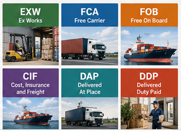 Översikt över vanliga Incoterms inklusive EXW, FOB, CIF, DDP och DAP i global logistik