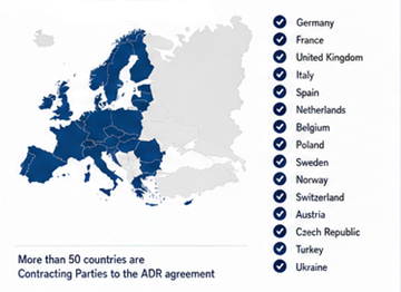 Europeiska och internationella länder som använder ADR-regler för transport av farligt gods