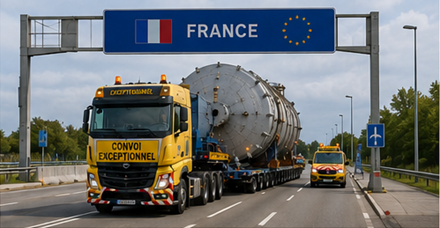 Internationell konvoj för överdimensionerad transport som passerar europeiska gränser