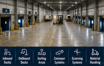 Cross-dockingterminal med lastkajer, lastbilar och sorteringsarbete