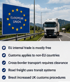 Europeiska lastbilar som passerar gränser och genomför tullprocedurer i logistiska flöden