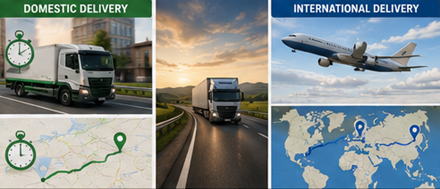 Visar inrikes och internationella leveranstider med logistiklastbilar, flygplan, kartor och transportvägar