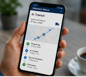 Kund som använder en leveransspårningsapp i smarttelefon med liveuppdateringar och aviseringar