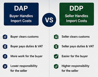 Visuell jämförelse mellan DDP- och DAP-ansvar i internationell logistik