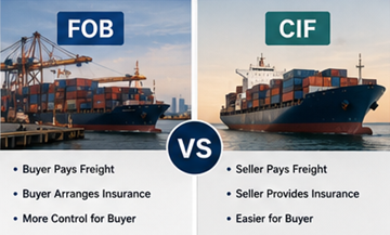 Visuell jämförelse av ansvarsområden för FOB och CIF i internationell logistik