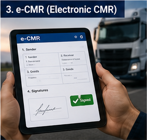 Förare som använder digitalt e-CMR-dokument på surfplatta under logistisk transport
