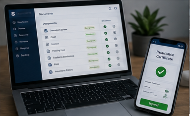 Digital logistikplattform som visar online-försäkringsintyg och dokumenthantering för transporter