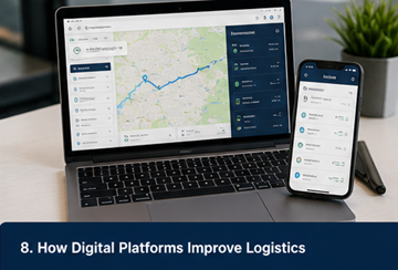 Instrumentpanel i digital logistikplattform som visar spårning, kommunikation och transportorder