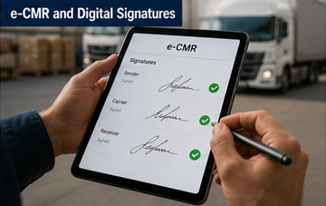 Förare som signerar digitalt transportdokument på surfplatta, vilket representerar elektronisk signatur i e-CMR