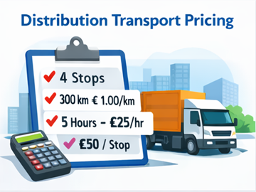 Prissättning för distributionstransport med flera stopp, avstånd, timmar och beräkning av pris per stopp på ett skrivplattblock