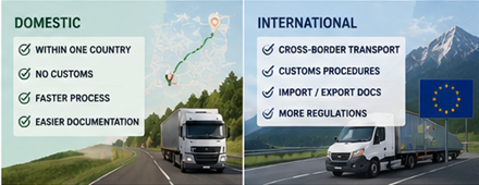 Inrikes och internationell godstransport över europeiska gränser med logistiklastbilar
