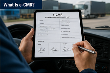 Digitalt CMR-dokument visat på en surfplatta som används av förare i en logistisk transportmiljö