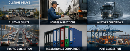 Europeisk inrikes och internationell transport med EU-motorvägar, gränspassager, lager och logistiknav