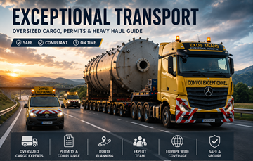 Konvoj för specialtransport som fraktar överdimensionerat industrigods genom Europa i solnedgång