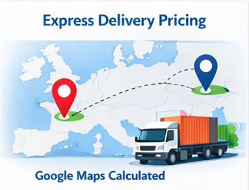 Expressleveransrutt på Europakarta med lastbil och transportpris beräknat via Google Maps