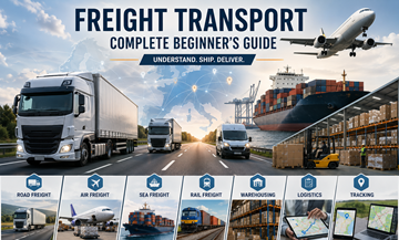 Modern europeisk godstransport med lastbilar, containrar, lager och logistikverksamhet i hela Europa