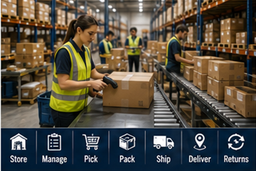 Lagerpersonal som hanterar fulfillmentlogistik och onlineorder