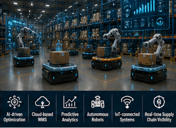 Framtida lagerhanteringssystem som använder AI-robotik och digital logistikteknik