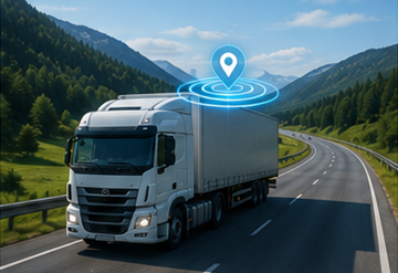 Lastbil med GPS-spårningssystem som kör på europeisk motorväg under en logistikoperation
