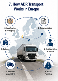 Europeisk ADR-logistikprocess med transportsträcka för farligt gods och rutiner för efterlevnad