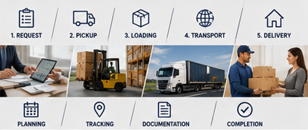 Godstransportprocess från upphämtning till leverans med logistikarbete och godshantering