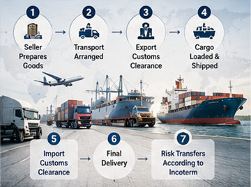 Process för internationella leveranser med lastbilar, hamnar, tull och leveransoperationer i Europa