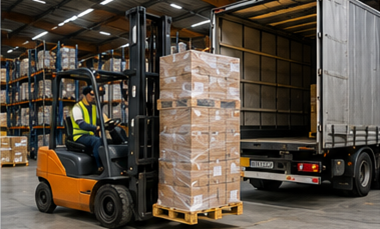Palltransportprocess med gaffeltruckar lagerlastning inplastning av pallar och leverans med fraktbil