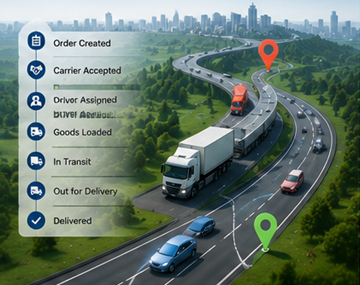 Modern logistikprocess för spårning som visar GPS-spårning av lastbil, digitala transportsystem och försändelseuppdateringar