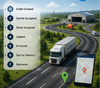 Digital logistikprocess som visar sändningsspårning, GPS-rutter och uppdateringar av transportstatus