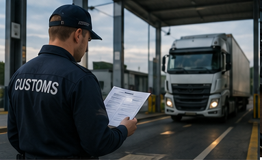 Logistik- och tulltjänstemän som kontrollerar försäkrings- och transportdokument under en fraktoperation