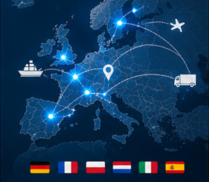 Spårning av internationell transport över europeiska länder med logistikrutter och tullhantering