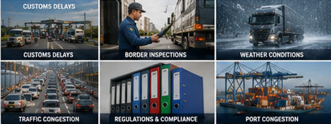 Utmaningar vid internationell transport inklusive tullförseningar, väder, trafik, hamnar och fraktlogistik