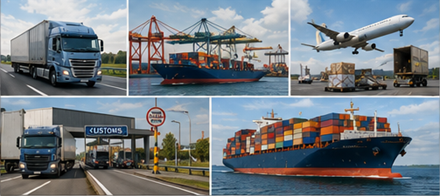 Internationell godstransport med lastbilar vid gränspassage, fraktfartyg, tull och globala logistikflöden