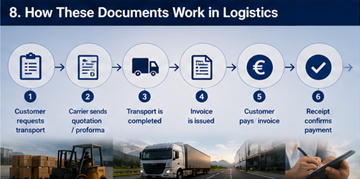 Logistikflöde som visar offert, faktura, kvitto och betalningsprocess i en transportplattform
