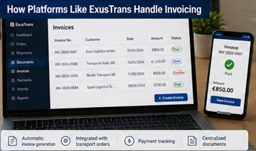 Instrumentpanel i transportplattform som visar fakturor, betalningar och register över transportaktivitet