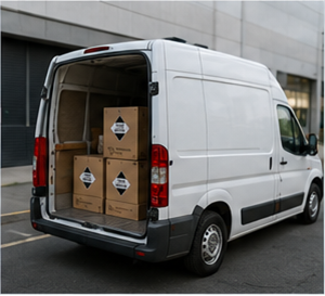 Skåpbil som transporterar farligt gods enligt Limited Quantity och ADR-regler