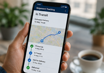 Kund som använder en mobilapp för sändningsspårning med leveransuppdateringar och notifieringar i realtid