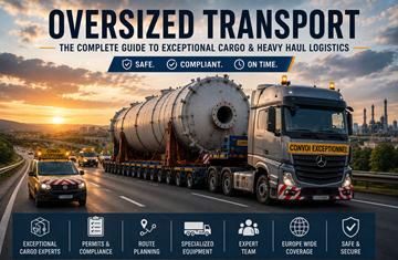 Bredlastkonvoj som transporterar specialgods på en europeisk motorväg i solnedgång