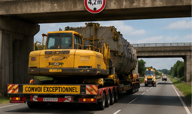 Tungtransportlastbil som fraktar en överdimensionerad last som överskrider standardmått för vägtransport