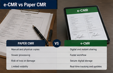 Jämförelse mellan pappers-CMR och digitalt e-CMR på surfplatta som visar modern omställning inom logistik