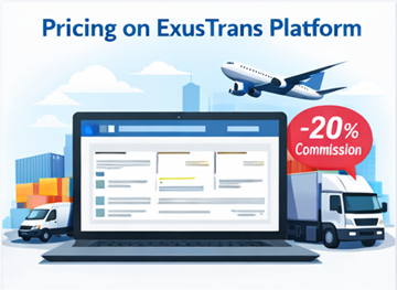 Instrumentpanel för prissättning på ExusTrans som visar alternativ för express, fast pris och distribution med ett system för 20 procents provision