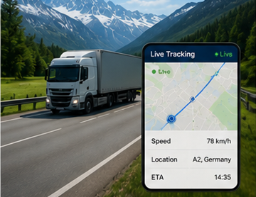 Lastbil med GPS-baserat ruttspårningssystem på europeisk motorväg under transportuppdrag