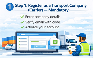 Transportföretag som registrerar ett carrier-konto på ExusTrans-plattformen med företagsverifiering och aktiveringsprocess