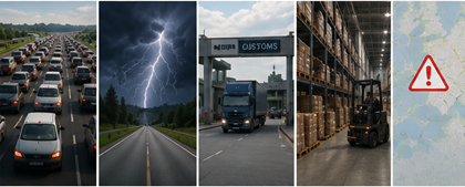 Logistikutmaningar inom transport, inklusive förseningar, trafik, väder och problem med försändelsespårning