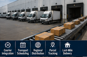 Distributionsbilar som lastar försändelser från fulfillmentlager